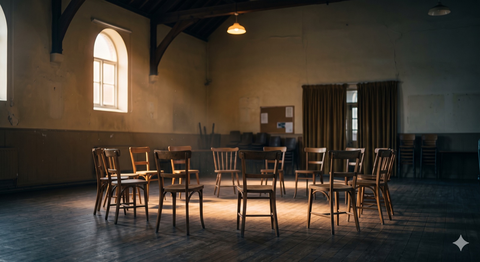 Empty dialogue circle in a quiet hall